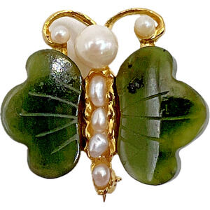 Jade Green and Gold Butterfly Brooch